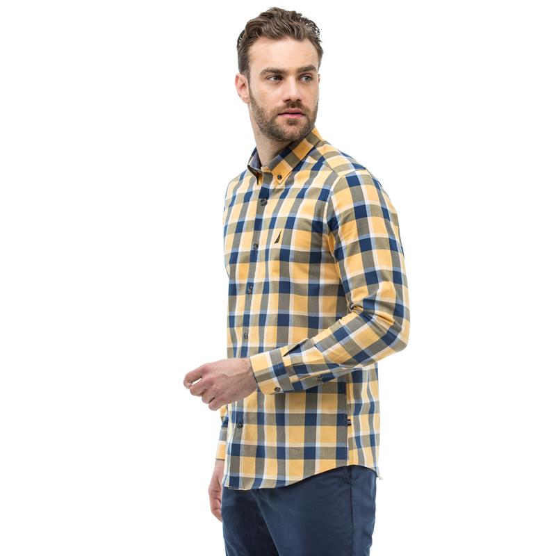 Nautica Erkek Slim Fit Kareli Sarı Ekoseli Gömlek