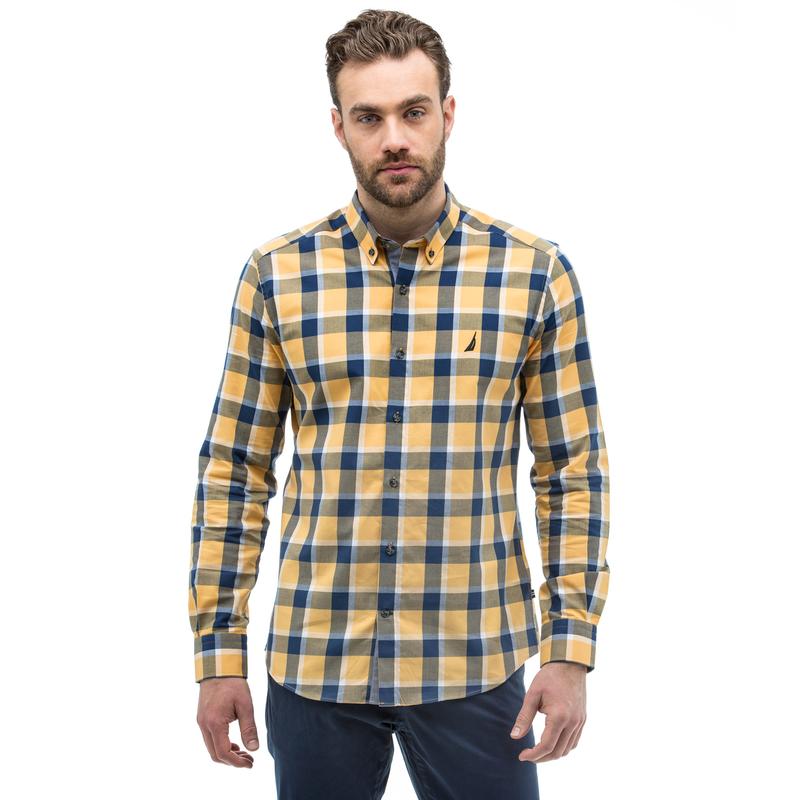 Nautica Erkek Slim Fit Kareli Sarı Ekoseli Gömlek