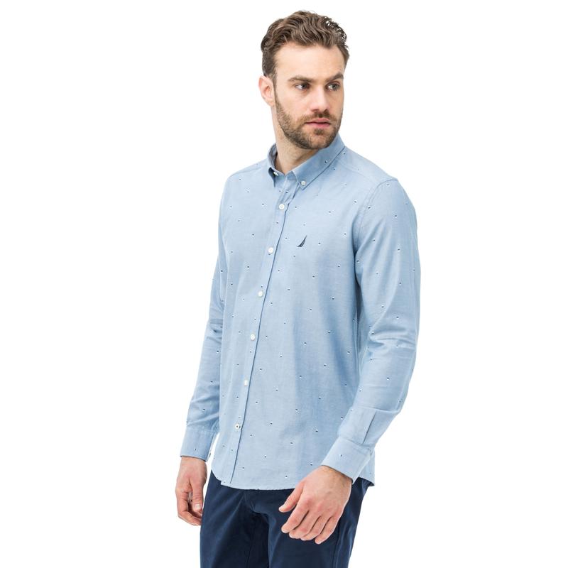 Nautica Erkek Slim Fit Baskılı Mavi Gömlek