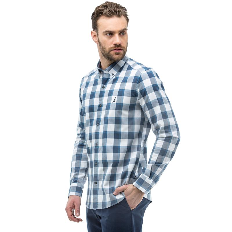 Nautica Erkek Slim Fit Kareli Beyaz Ekoseli Gömlek