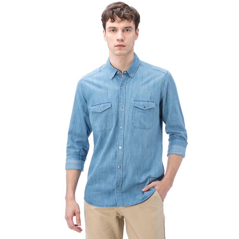 NAUTICA ERKEK MAVİ UZUN KOLLU DENIM SLIM FIT GÖMLEK