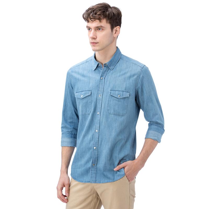 NAUTICA ERKEK MAVİ UZUN KOLLU DENIM SLIM FIT GÖMLEK