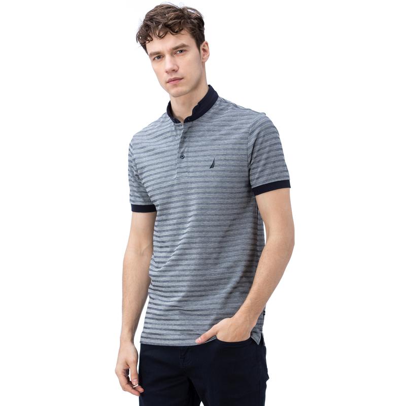 NAUTICA ERKEK LACİVERT  KISA KOLLU HAKİM YAKA ÇİZGİLİ SLIM FIT POLO