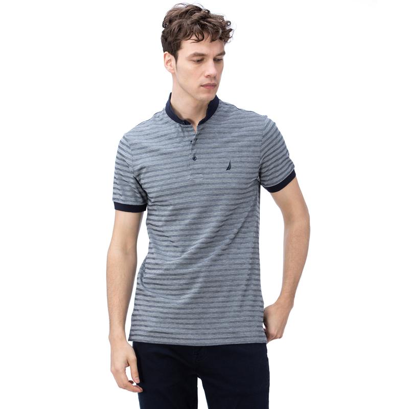NAUTICA ERKEK LACİVERT  KISA KOLLU HAKİM YAKA ÇİZGİLİ SLIM FIT POLO