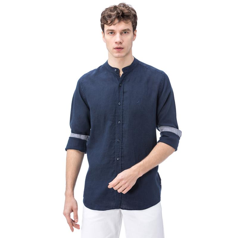 NAUTICA ERKEK LACİVERT CLASSIC FIT HAKİM YAKA KETEN GÖMLEK