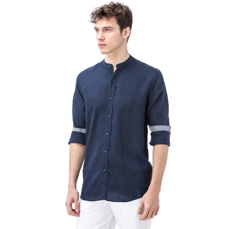 NAUTICA ERKEK LACİVERT CLASSIC FIT HAKİM YAKA KETEN GÖMLEK