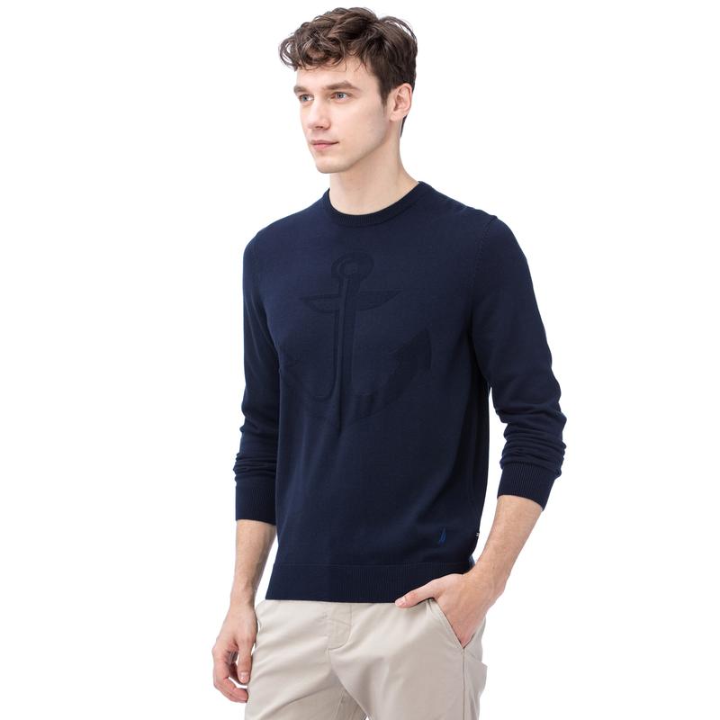 NAUTICA ERKEK LACİVERT BİSİKLET YAKA ÇAPA DESENLİ TRİKO