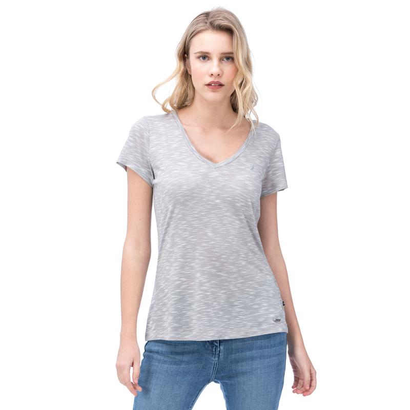 NAUTICA KADIN GRİ KISA KOLLU V YAKA T-SHIRT