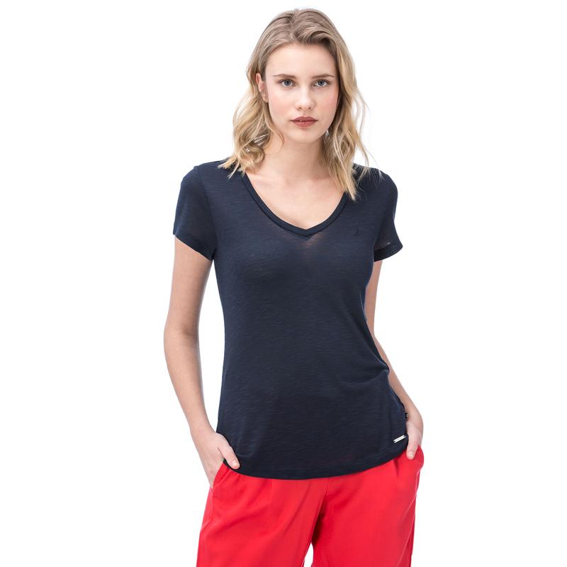 NAUTICA KADIN LACİVERT KISA KOLLU V YAKA T-SHIRT