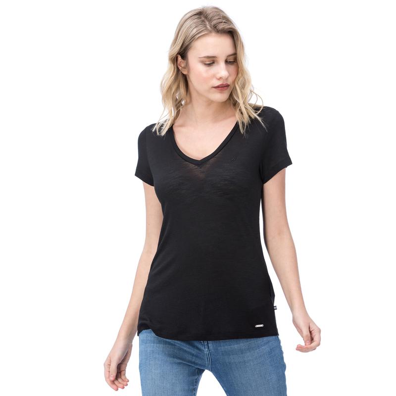 NAUTICA KADIN SİYAH KISA KOLLU V YAKA T-SHIRT