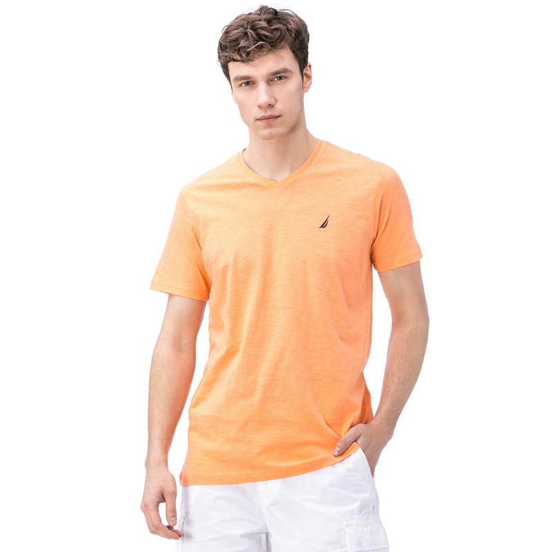 NAUTICA ERKEK TURUNCU KISA KOLLU V YAKA FLAMLI SLIM FIT T-SHIRT