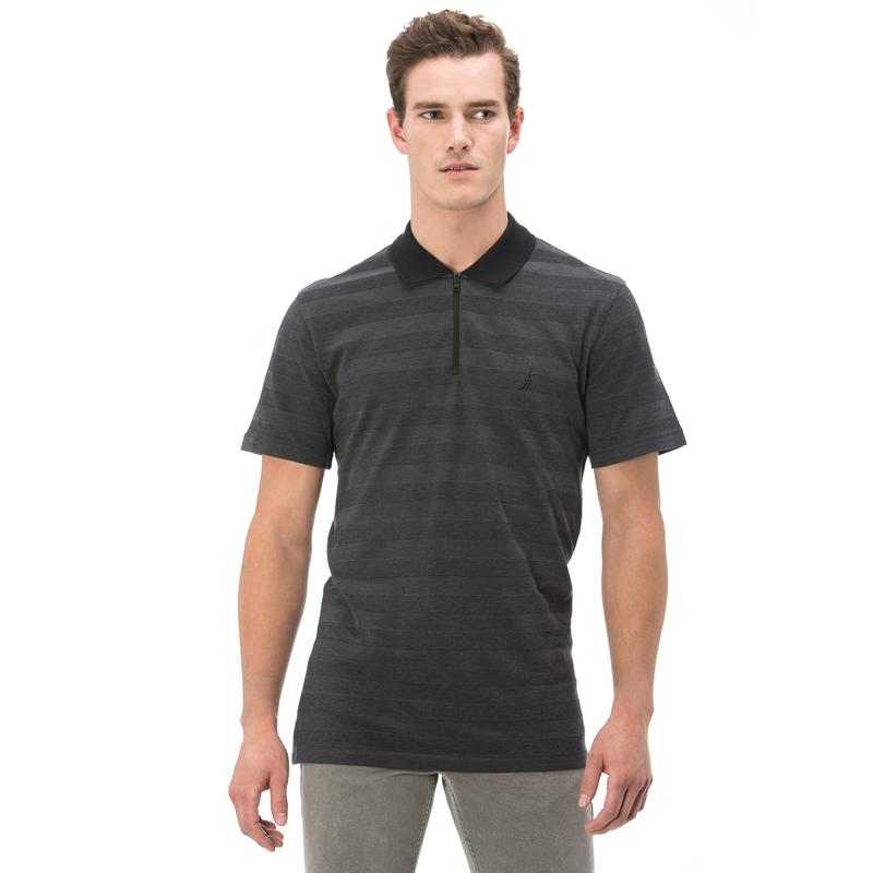 NAUTICA ERKEK SİYAH ÇİZGİLİ FERMUARLI KISA KOLLU SLIM FIT POLO