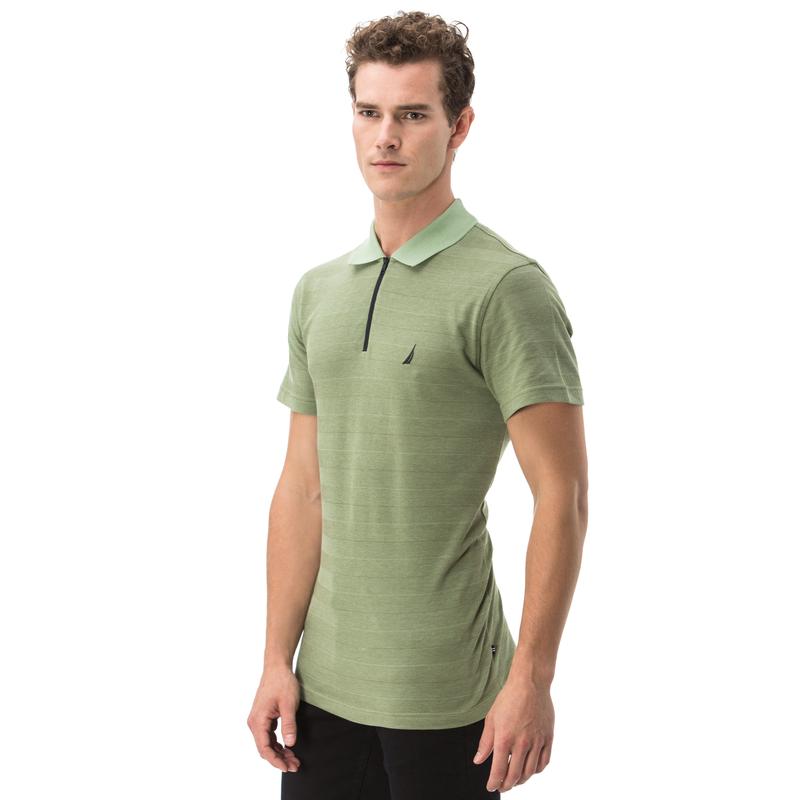 NAUTICA ERKEK YEŞİL ÇİZGİLİ FERMUARLI KISA KOLLU SLIM FIT POLO
