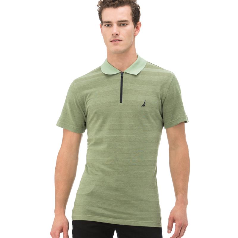 NAUTICA ERKEK YEŞİL ÇİZGİLİ FERMUARLI KISA KOLLU SLIM FIT POLO