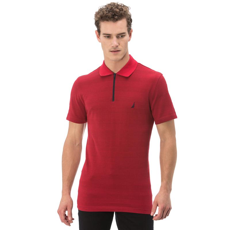 NAUTICA ERKEK KIRMIZI ÇİZGİLİ FERMUARLI KISA KOLLU SLIM FIT POLO
