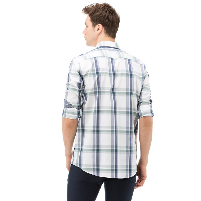 NAUTICA ERKEK LACİVERT EKOSELİ UZUN KOLLU SLIM FIT GÖMLEK