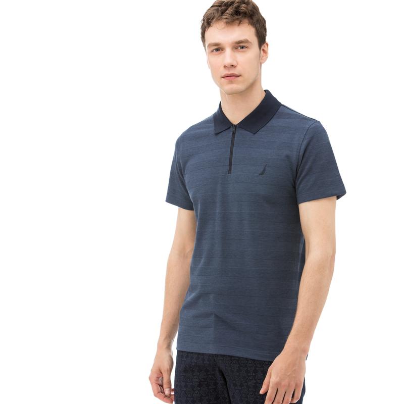 NAUTICA ERKEK LACİVERT ÇİZGİLİ FERMUARLI KISA KOLLU SLIM FIT POLO