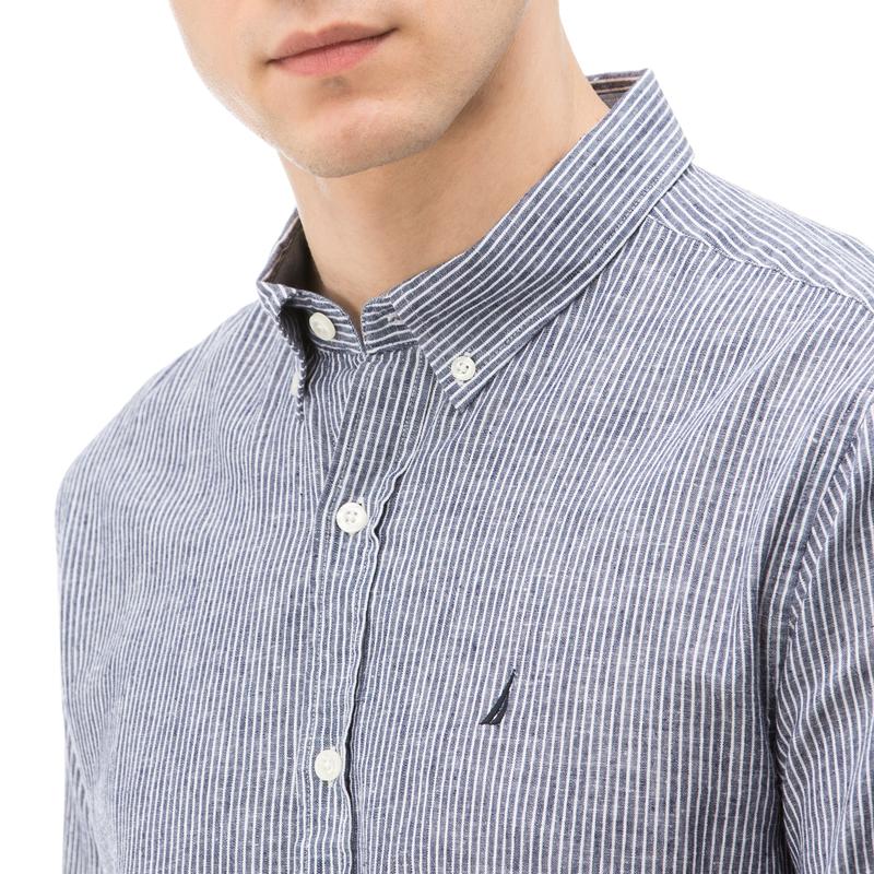 NAUTICA ERKEK MAVİ UZUN KOLLU ÇİZGİLİ KETEN SLIM FIT GÖMLEK