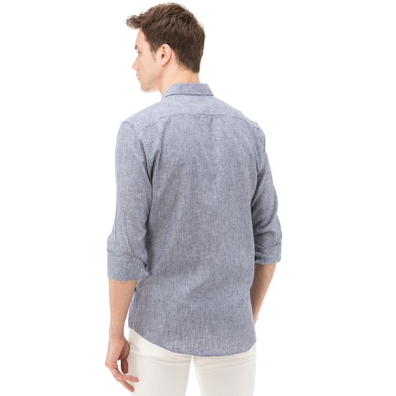 NAUTICA ERKEK MAVİ UZUN KOLLU ÇİZGİLİ KETEN SLIM FIT GÖMLEK