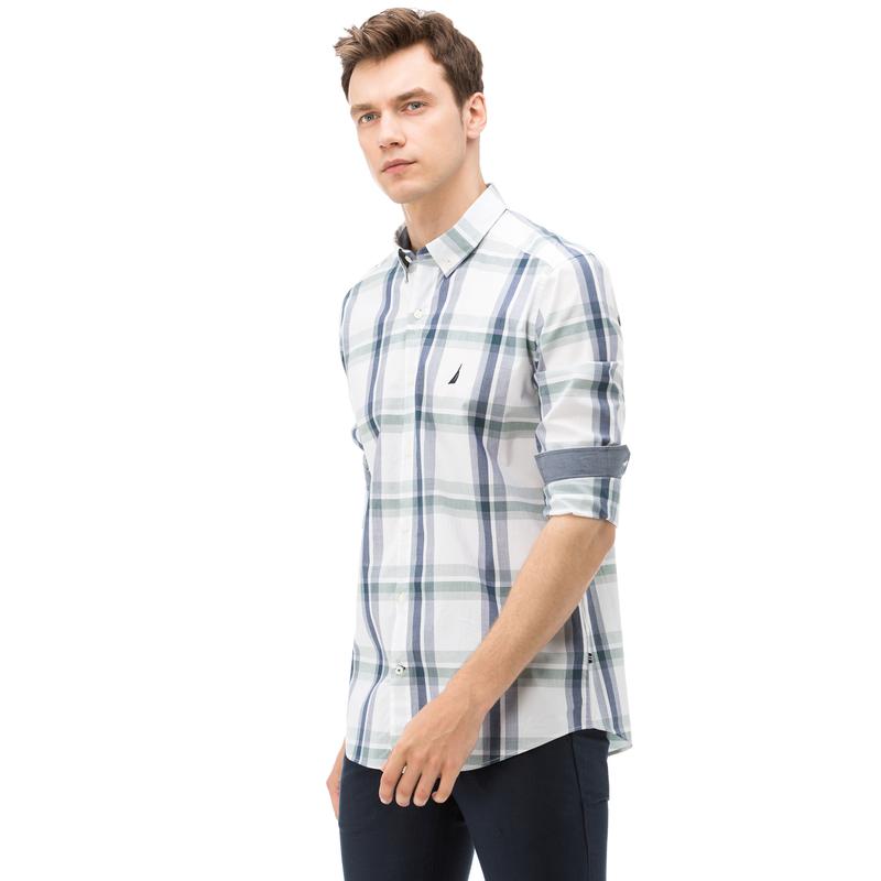 NAUTICA ERKEK LACİVERT EKOSELİ UZUN KOLLU SLIM FIT GÖMLEK