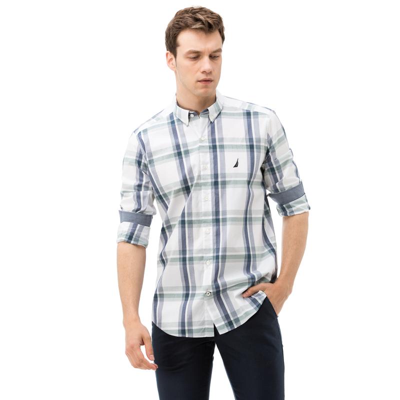 NAUTICA ERKEK LACİVERT EKOSELİ UZUN KOLLU SLIM FIT GÖMLEK