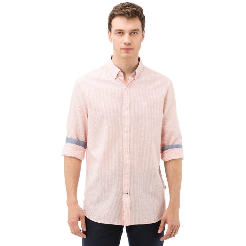 NAUTICA ERKEK PEMBE UZUN KOLLU ÇİZGİLİ KETEN SLIM FIT GÖMLEK