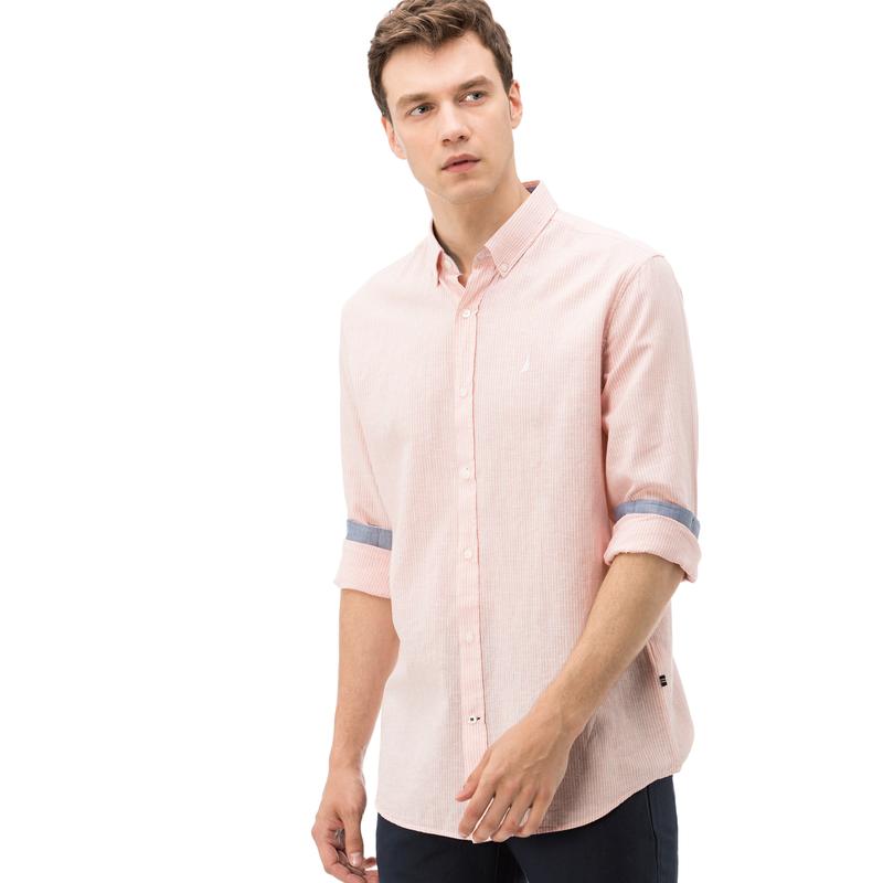 NAUTICA ERKEK PEMBE UZUN KOLLU ÇİZGİLİ KETEN SLIM FIT GÖMLEK