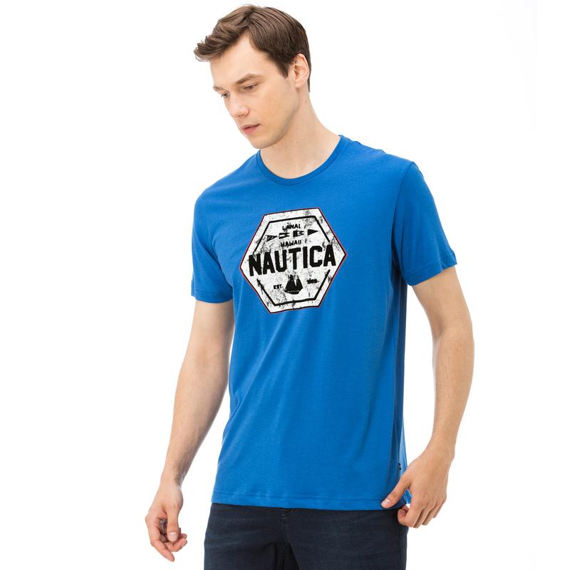 NAUTICA ERKEK MAVİ BİSİKLET YAKA KISA KOLLU SLIM FIT T-SHIRT