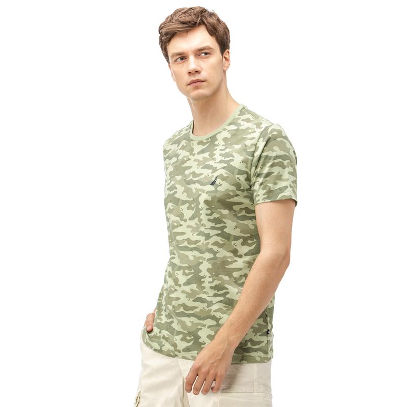 NAUTICA ERKEK YEŞİL KAMUFLAJ BİSİKLET YAKA KISA KOLLU SLIM FIT T-SHIRT