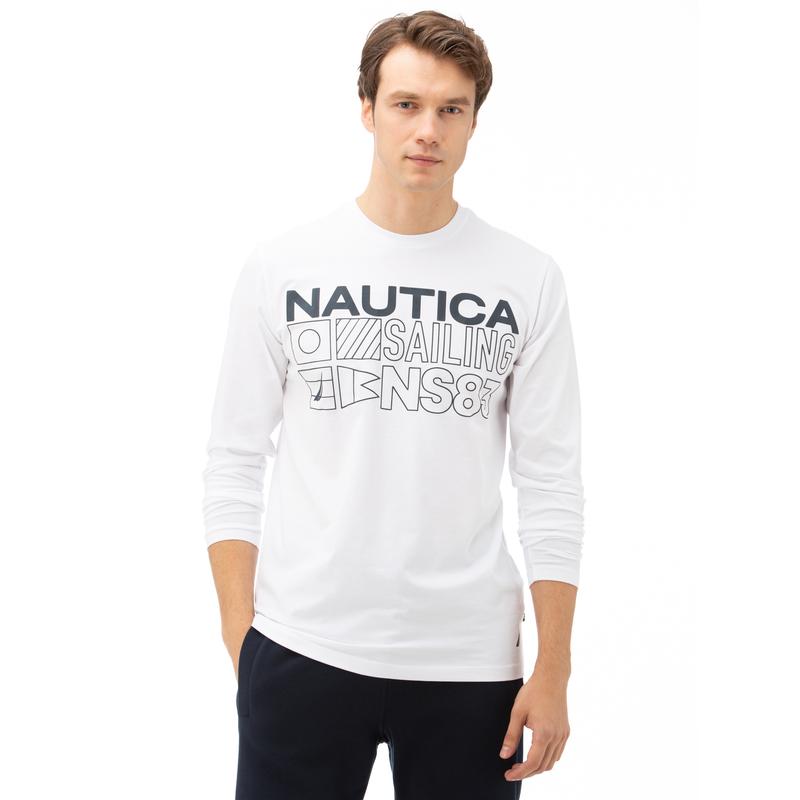 NAUTICA Erkek Beyaz Uzun Kollu Standart Fit Baskılı T-Shirt