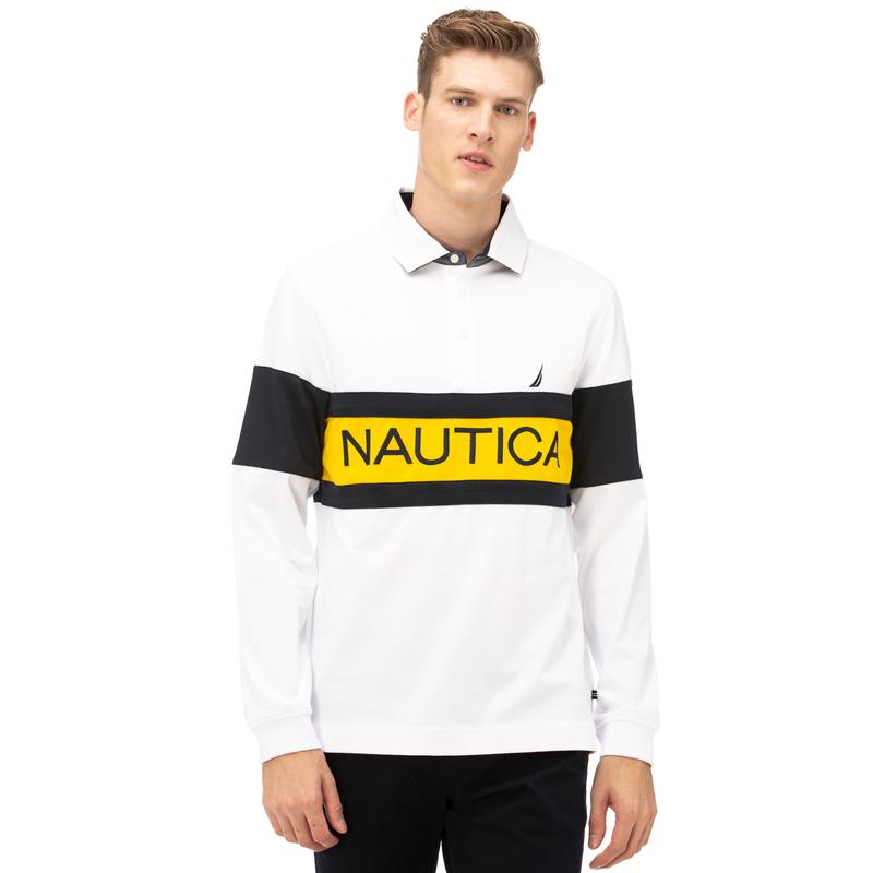 NAUTICA Erkek Beyaz Classic Fit Blok Desenli Uzun Kollu Polo