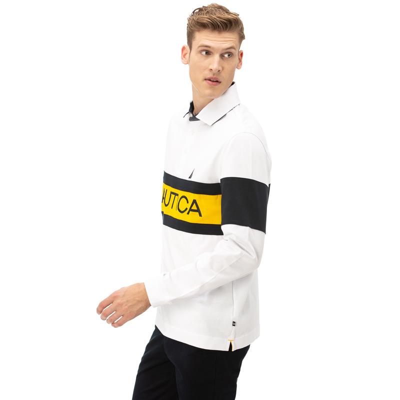 NAUTICA Erkek Beyaz Classic Fit Blok Desenli Uzun Kollu Polo