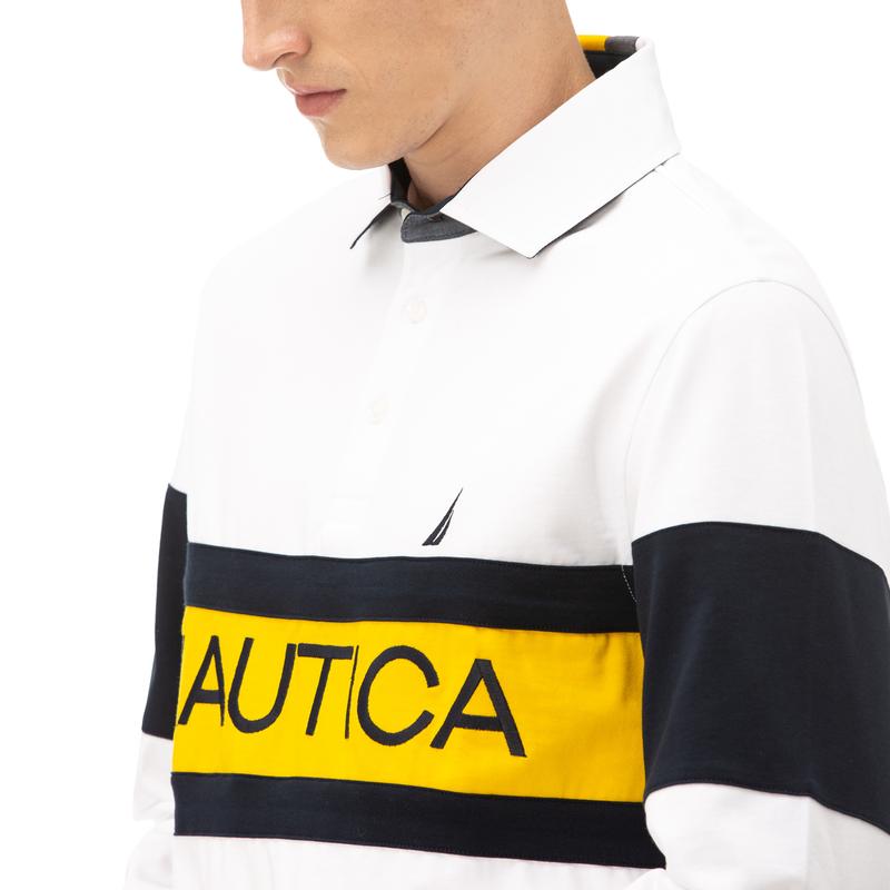 NAUTICA Erkek Beyaz Classic Fit Blok Desenli Uzun Kollu Polo