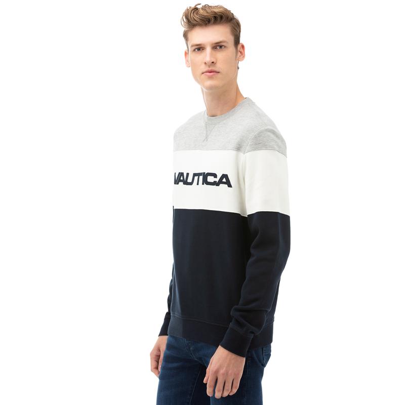 NAUTICA Erkek Lacivert Blok Desenli Sweatshirt