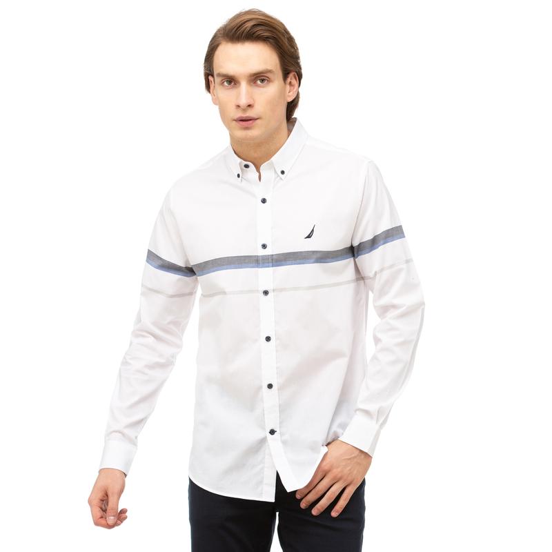 NAUTICA Erkek Beyaz Slim Fit Blok Desenli Gömlek