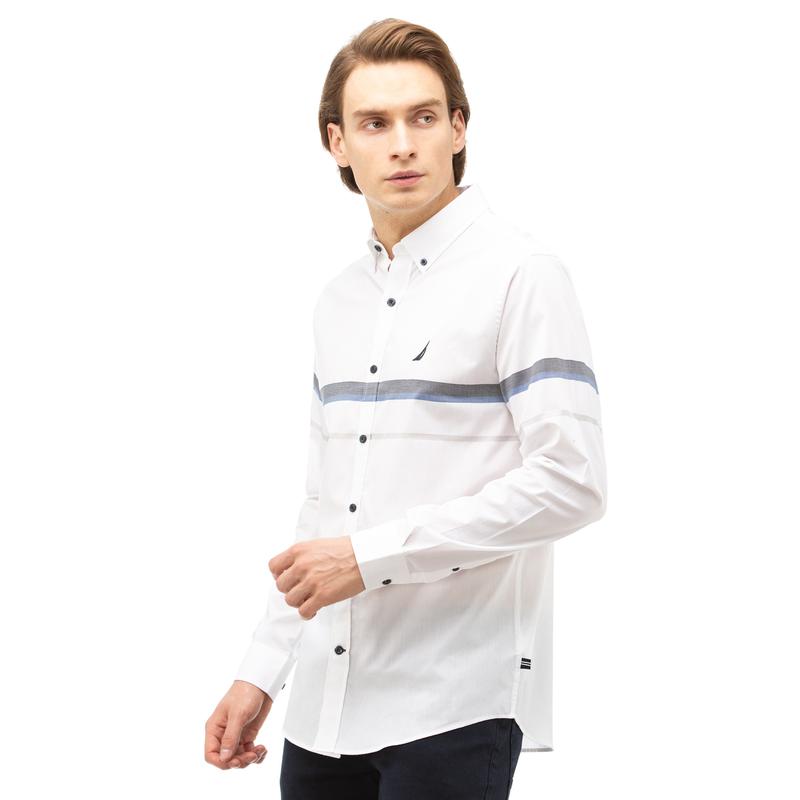 NAUTICA Erkek Beyaz Slim Fit Blok Desenli Gömlek