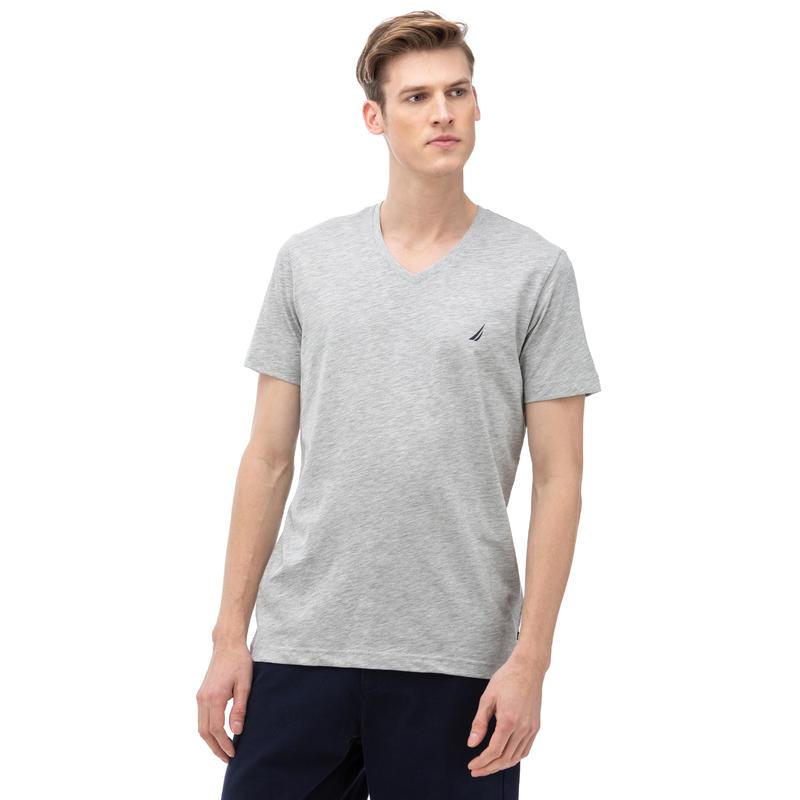 NAUTICA ERKEK GRİ KISA KOLLU V YAKA FLAMLI SLIM FIT T-SHIRT