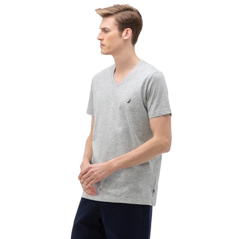 NAUTICA ERKEK GRİ KISA KOLLU V YAKA FLAMLI SLIM FIT T-SHIRT