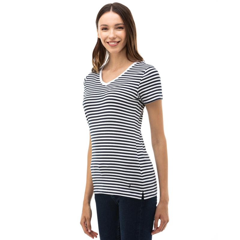 NAUTICA Kadın Lacivert Çizgili V-Yaka T-Shirt