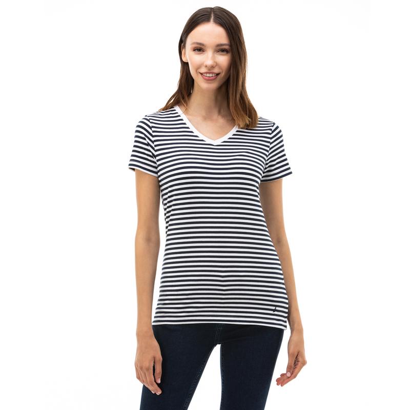 NAUTICA Kadın Lacivert Çizgili V-Yaka T-Shirt
