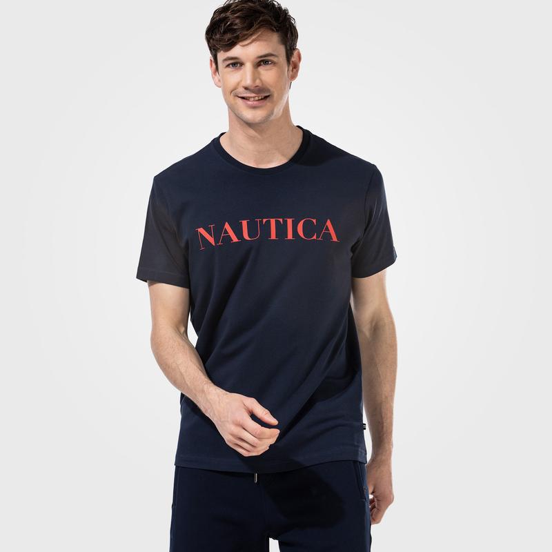 NAUTICA ERKEK LACİVERT KISA KOLLU BASKILI TSHIRT