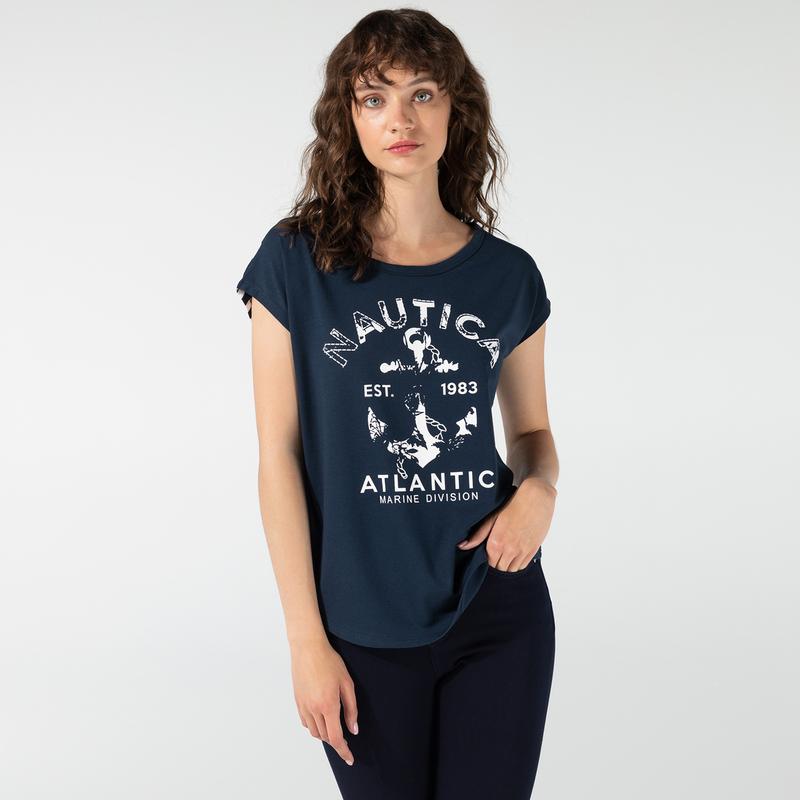 NAUTICA KADIN LACİVERT BASKILI T-SHIRT