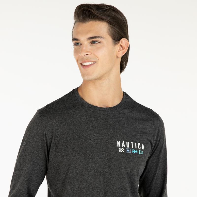 NAUTICA ERKEK SİYAH UZUN KOLLU BASKILI T-SHIRT