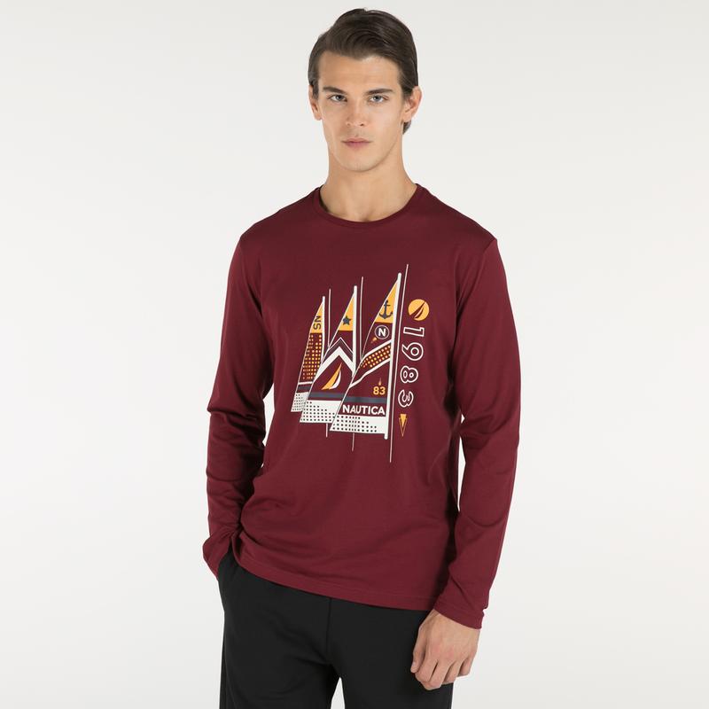 NAUTICA ERKEK KIRMIZI UZUN KOLLU BASKILI T-SHIRT