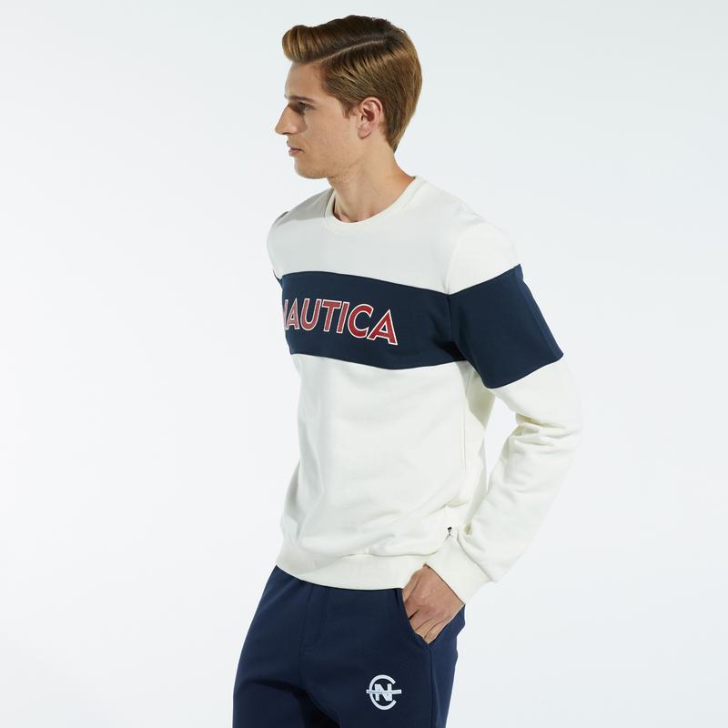 NAUTICA ERKEK KIRIK BEYAZ BLOK DESEN SWEATSHIRT