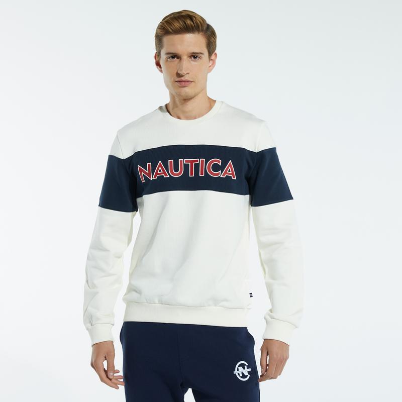 NAUTICA ERKEK KIRIK BEYAZ BLOK DESEN SWEATSHIRT