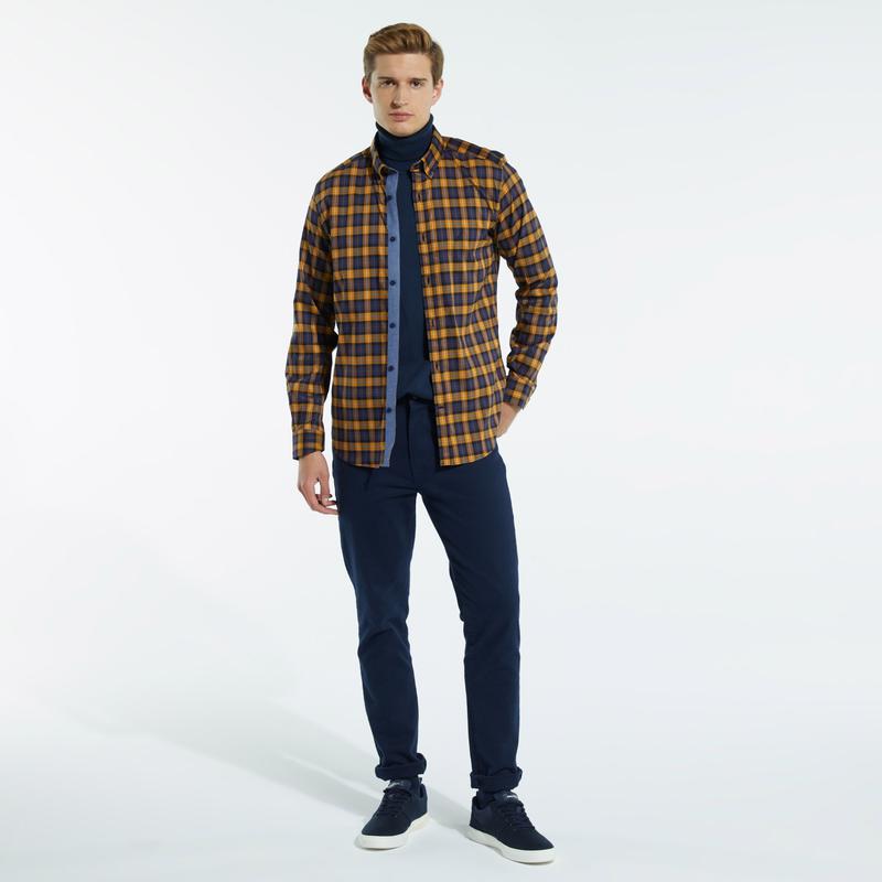 NAUTICA ERKEK SARI UZUN KOLLU SLIM FIT EKOSE GÖMLEK