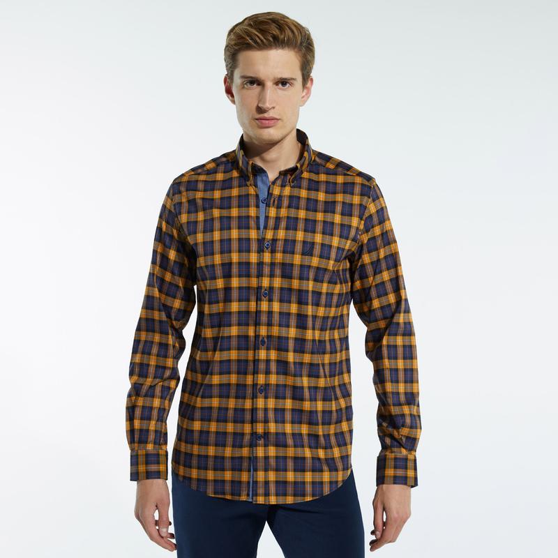 NAUTICA ERKEK SARI UZUN KOLLU SLIM FIT EKOSE GÖMLEK