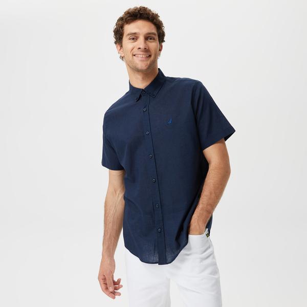 NAUTICA ERKEK LACİVERT CLASSIC FIT KISA KOLLU KETEN GÖMLEK