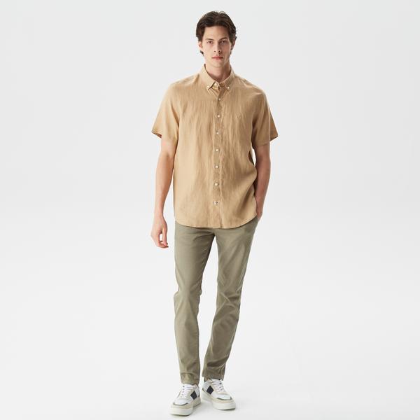 Nautica Erkek Bej Classic Fit Kısa Kollu Keten Gömlek